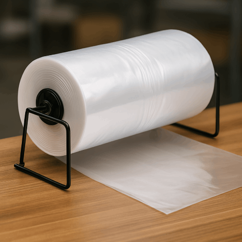 Poly bags on a roll on a work table